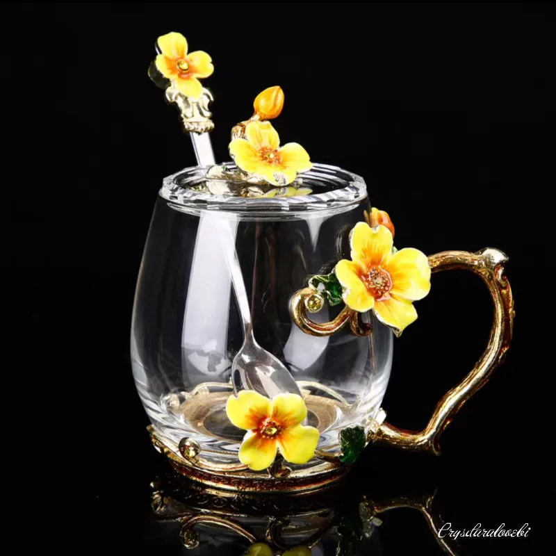 

New Enamel Glass Cup Mug for Coffee Flower Tea Glass Cups with Spoon Home Drinkware Perfect Wedding Gift for Summer Tea Mug Set