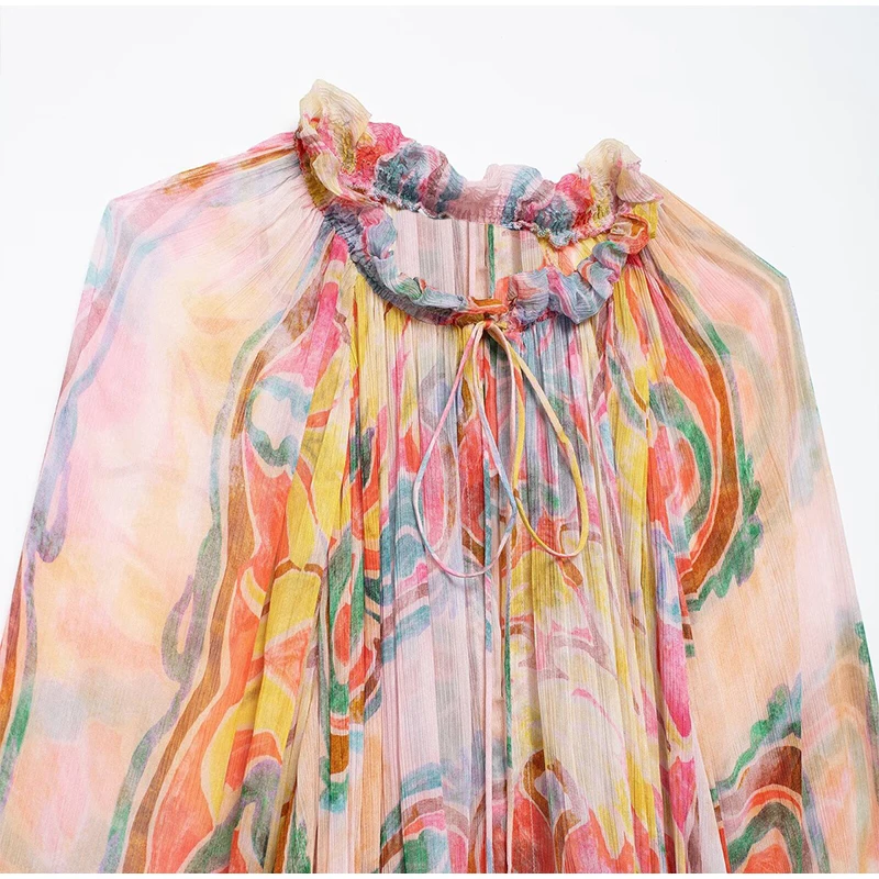 Retro Print Elegant Pleated Lantern Long Dress Sleeve V-neck Single Breasted Dress A-line Casual High Waist Women Summer Robe