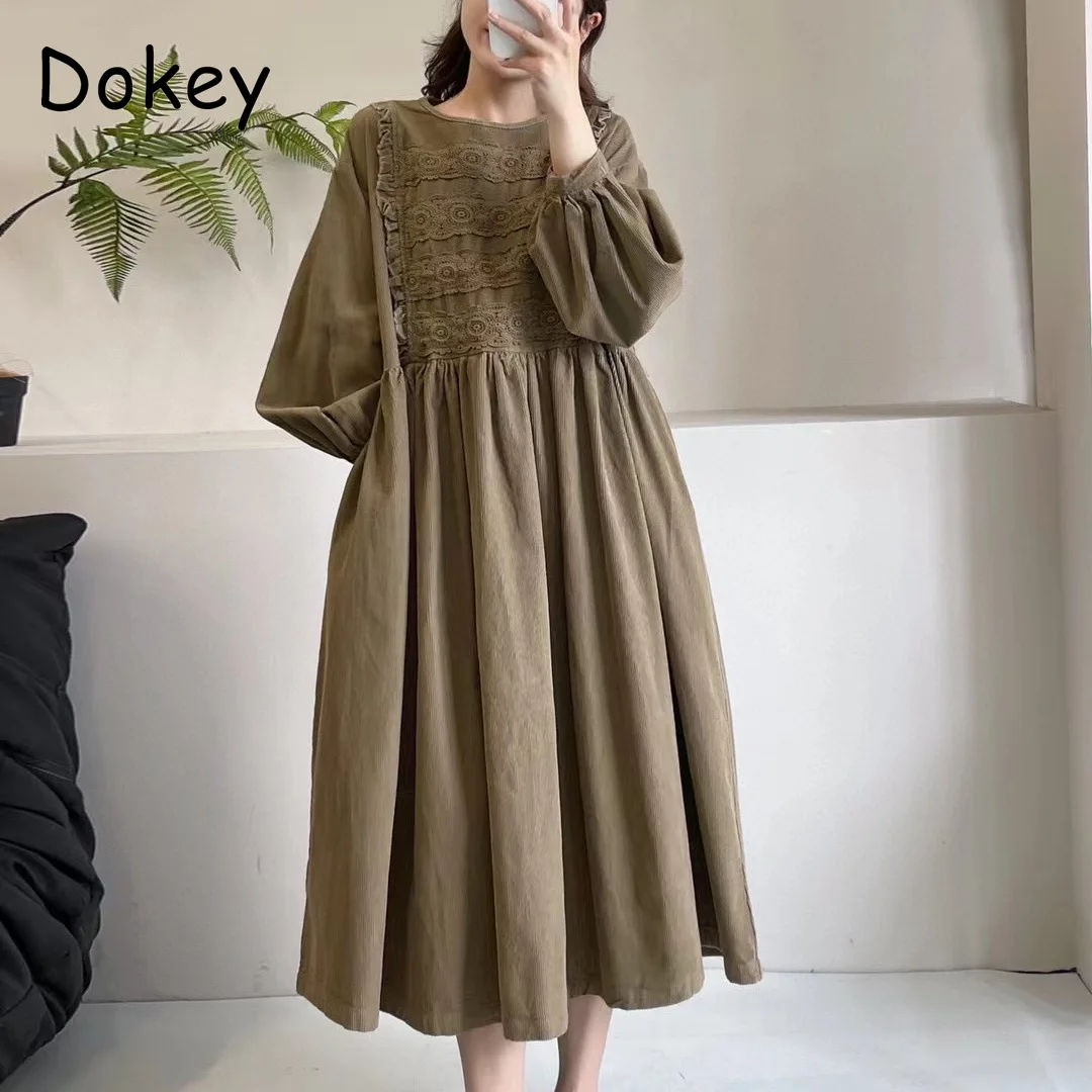 

Vintage Embroidery Lace Corduroy Dress For Women Japan Mori Ruffled Long Sleeve Loose Kawaii Dress Casual O-Neck A-line Vestidos