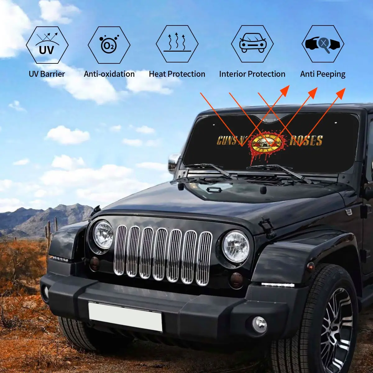 Guns N Rose Heavy Metal Sunshade Windscreen Steampunk Music Foldable Car Front Windshield 76x140cm Sunshade Visor Car-covers