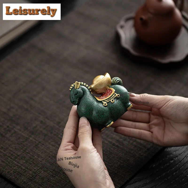 Green Sand Stone Wealth Ingot Horse Tea Pet Traditional Tea Games Tea Figurine Play Toys Tea Statue Ornaments Teaware Craft Gift