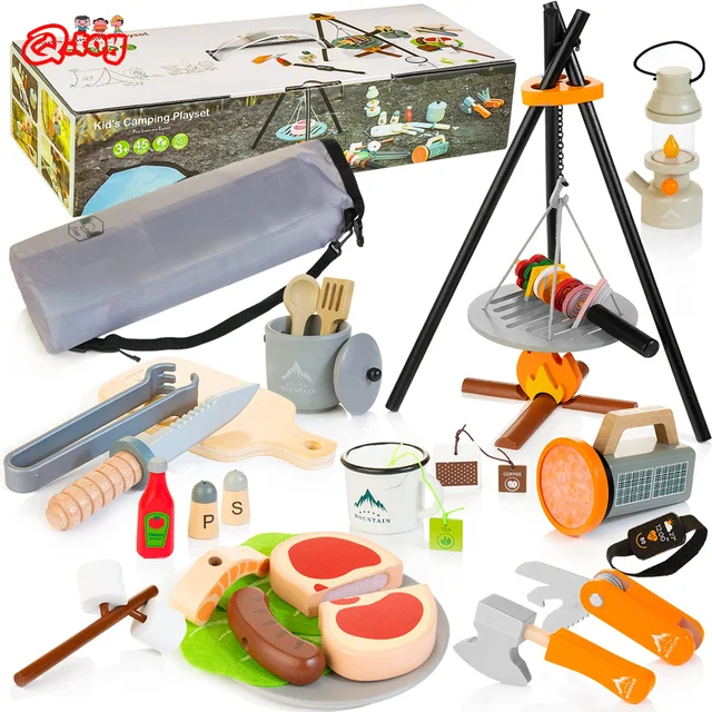 45pcs Children BBQ Toy Set Pretend Play Imitation Game Wooden Simulation Kitchen Food Utensils Cutting Toy for Outdoor Fun