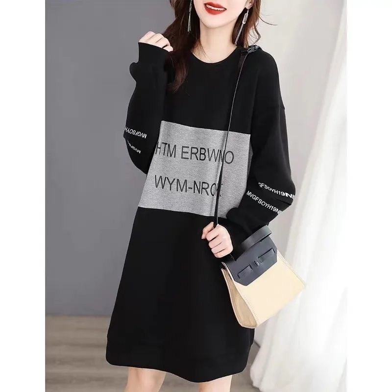 

Spring and Autumn Women's Pullover Round Neck Letter Print Solid Stripe Contrast Color Plush Thickened Long Sleeve Casual Dress