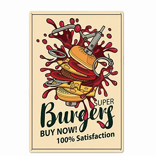 

Original Retro Design Super Burgers Tin Metal Signs Wall Art|Thick Tinplate Print Poster Wall Decoration