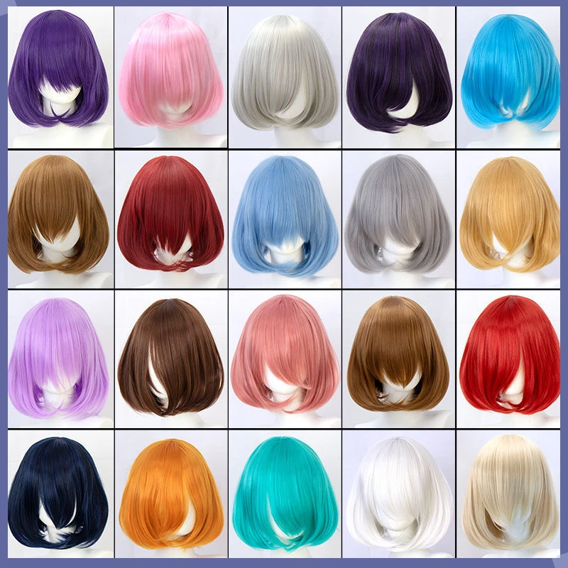 

New 35cm Short Wig Black White Red Blue Yellow High Temperature Fiber Synthetic Anime Wigs Halloween Party Cosplay Wig Props