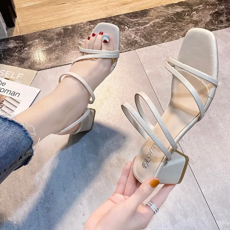 

Сандалии женские на среднем каблуке, элегантные кожаные туфли-лодочки, с поперечным Ремешком, летняя Уличная обувь