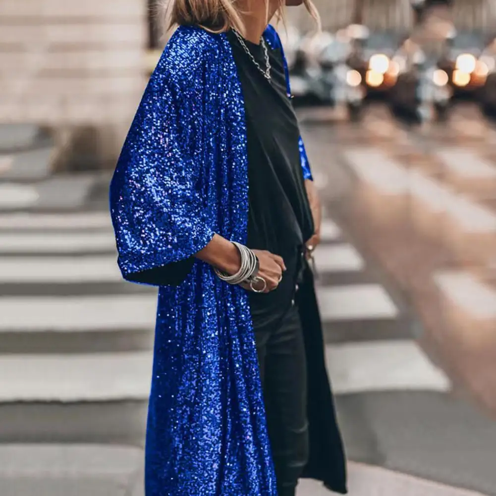 

Stylish Spring Autumn Shining Sequins Party Cardigan Skin-touch Gown Cape Party Shiny Glitter Coat Outerwear Streetwear