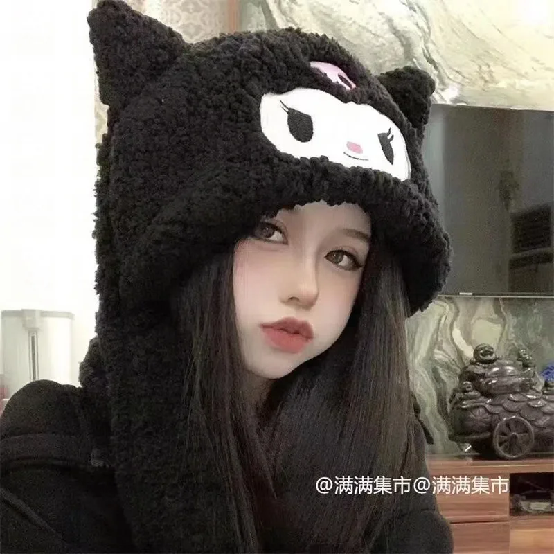 Sanrio Kuromi Scarf Hat Glove One Piece Cute Cartoon Plush Thickening Warm Anti-Cold All-In-One Hat Anime Toys for Girls Gift hooded scarf windproof girls scarf cap warm integrated bear ear girls plush gloves scarf hat beautiful for daily life