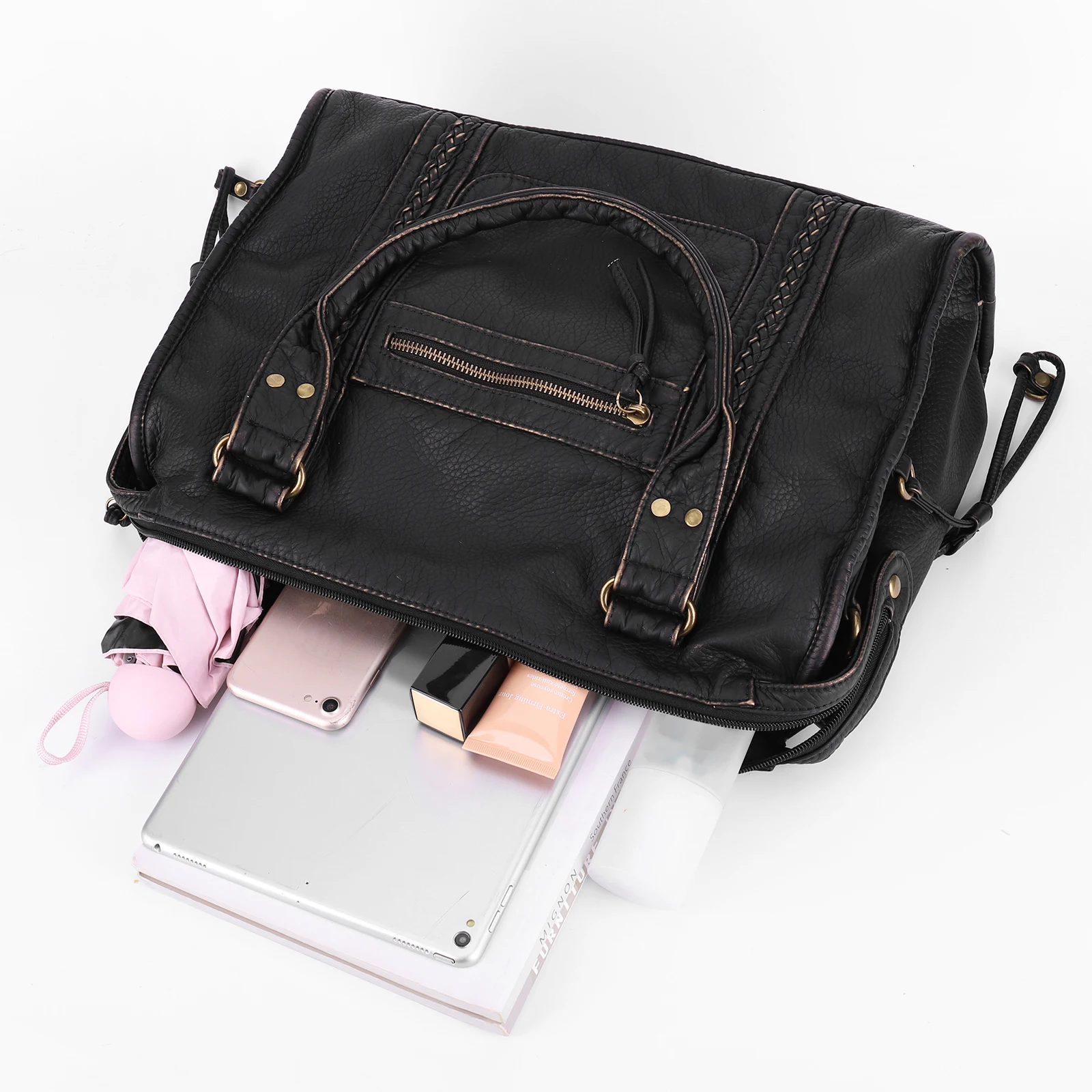 Women Girls PU Leather Y2K Top Handle Bag with Zipper Studded Crossbody Bags Adjustable Strap for Travel Shopping Work Daily Use