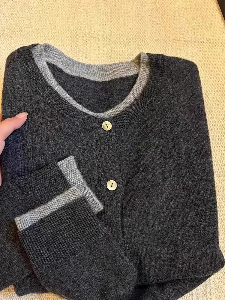 Fake Two 100% Pure Cashmere Sweater Cardigan Dark Grey High-grade Wool Knit Coat Top 2