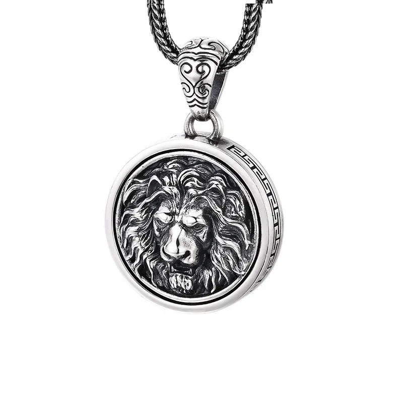

Real S925 Sterling Silver Vintage Domineering Lion Head Medal Chain Pendant Punk Trend Retro Fashion Jewelry
