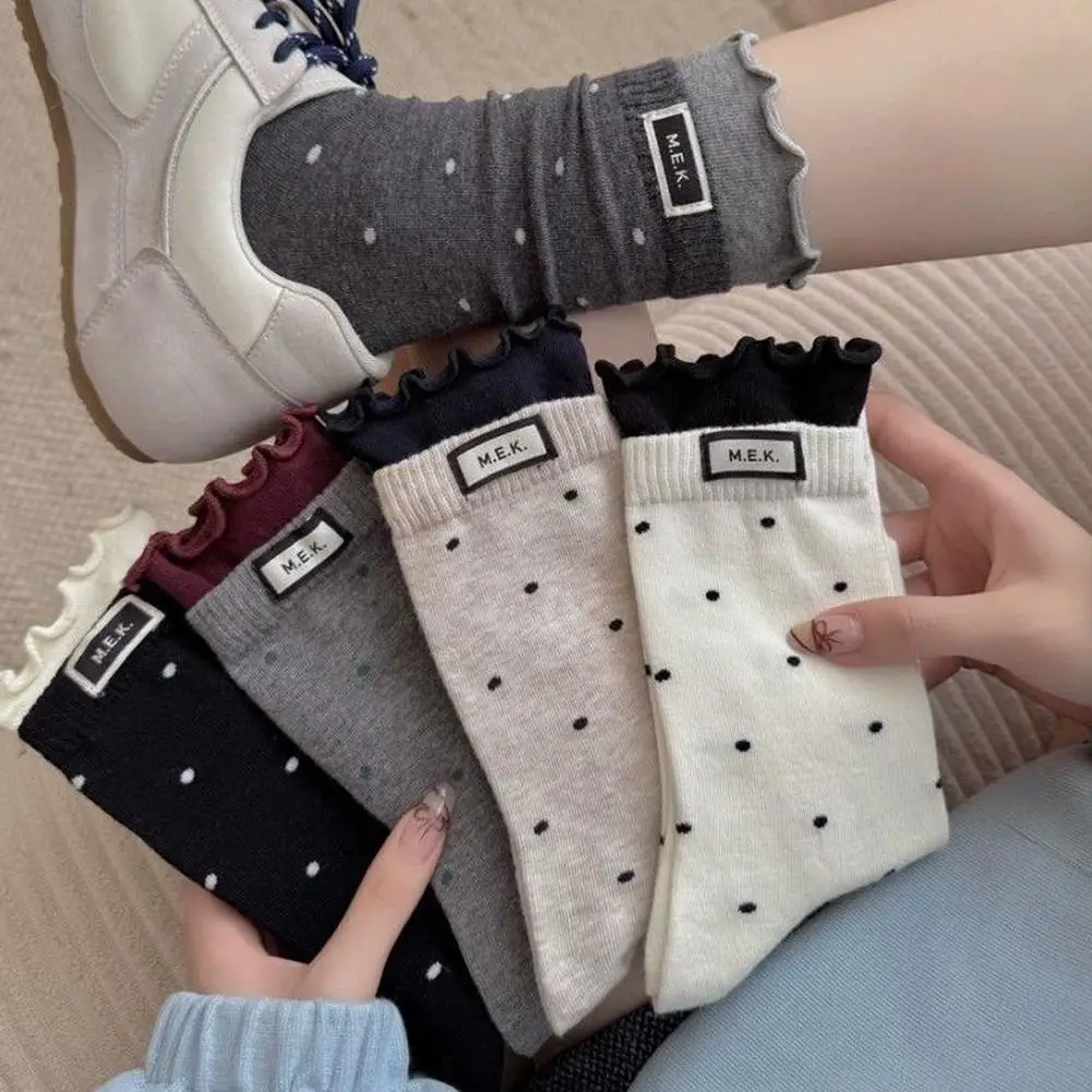 Women's Socks Dots Cute Frilly Wavy Edge Socks Breathable Casual Comfortable Soft Mid Tube Warm Sweat Absorbing Socks