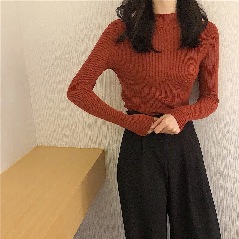 short sleeve cardigan Autumn Winter New Long Sleeve Pullover Sweater Solid Color Korean Version Half High Collar Slim Fit Knitted Bottomed Shirt Top blue sweater