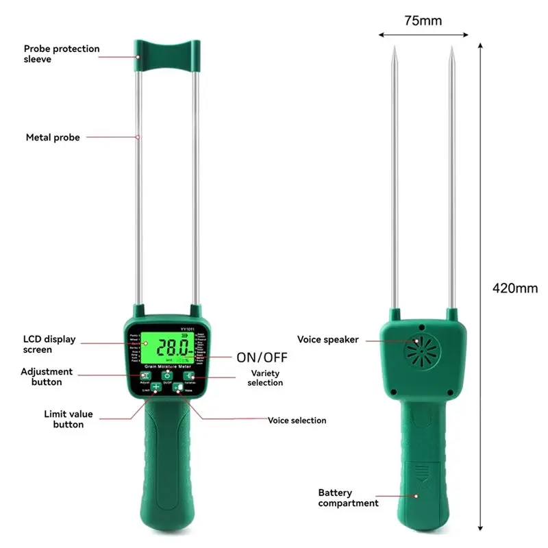 벤치메이드 퀄리티 YY-1011 디지털 곡물 수분계 습도계 2개 세트 (옥수수, 밀, 쌀, 땅콩 등 14종 작물용) 사양