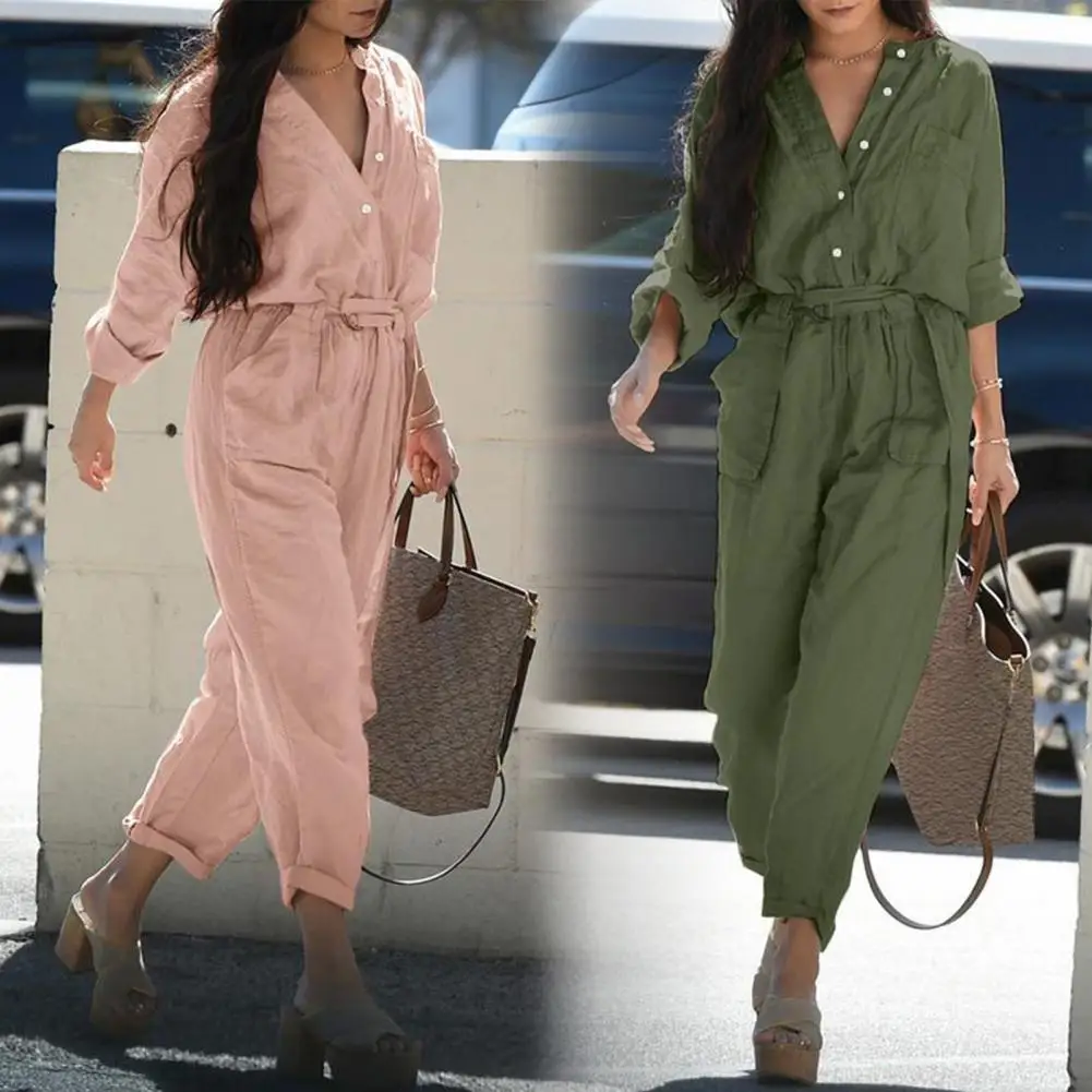 

Summer Playsuit V-neck Buttons Closure Belt Women Jumpsuit Women Casual 3/4 Sleeve Solid Color Cargo Jumpsuit Ladies Outfit