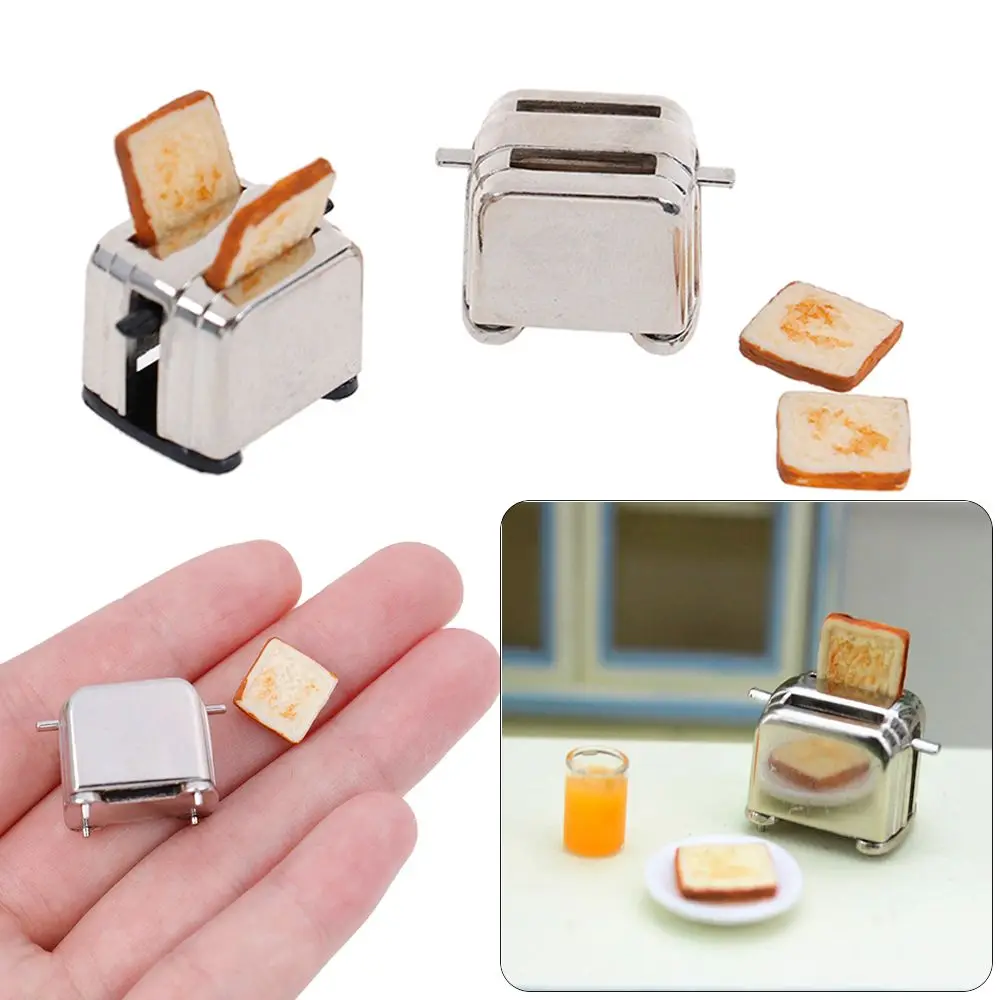 1:12 Scale Dollhouse Miniature Toaster Cute Simulation Food Decorations Mini Kitchen Toy With 2PCS Bread Doll Toast Machine 2