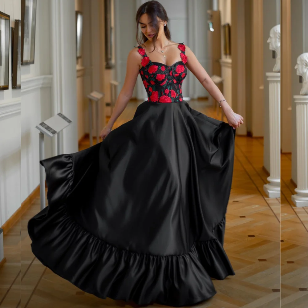 Evening  Sexy Casual  Satin Draped Flower Christmas Ball Gown Spaghetti Strap Bespoke Occasion Gown Long Dresses