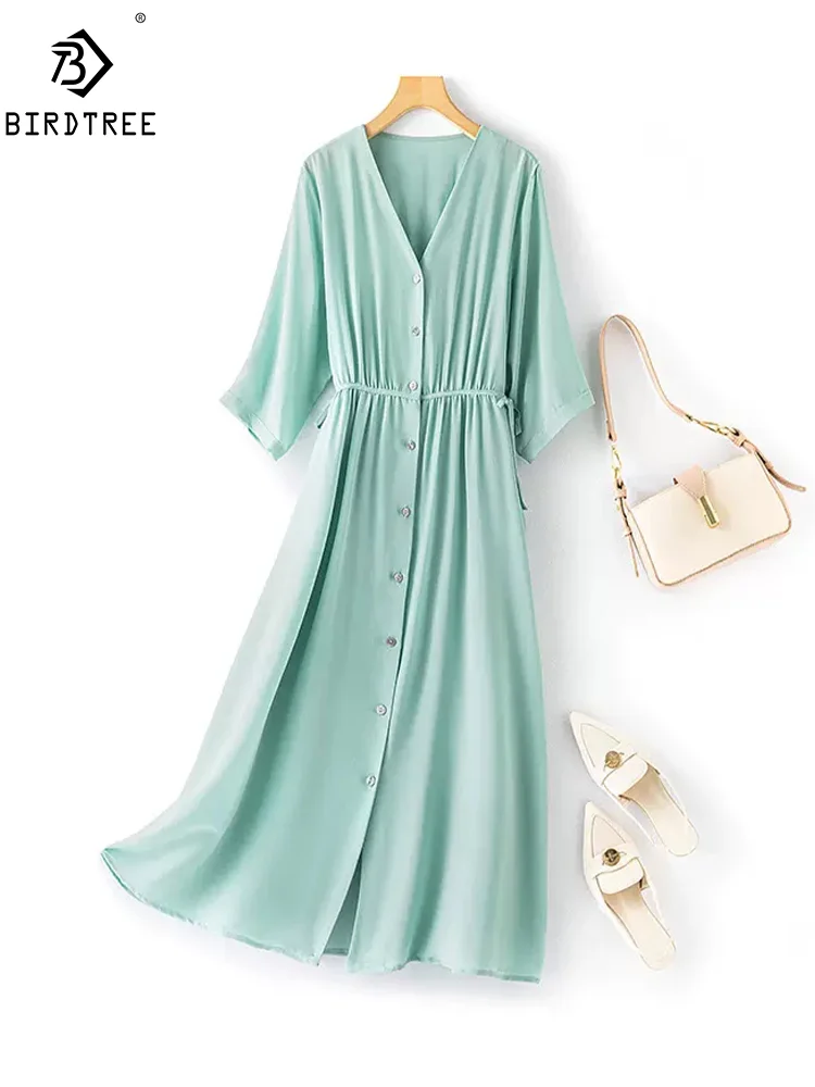 

BirdTree, 100%Real Silk Elegant Dresses, Women V Neck Short Sleeve Solid, Commute OL Vacation Dress, 2024 Summer New D45343QM