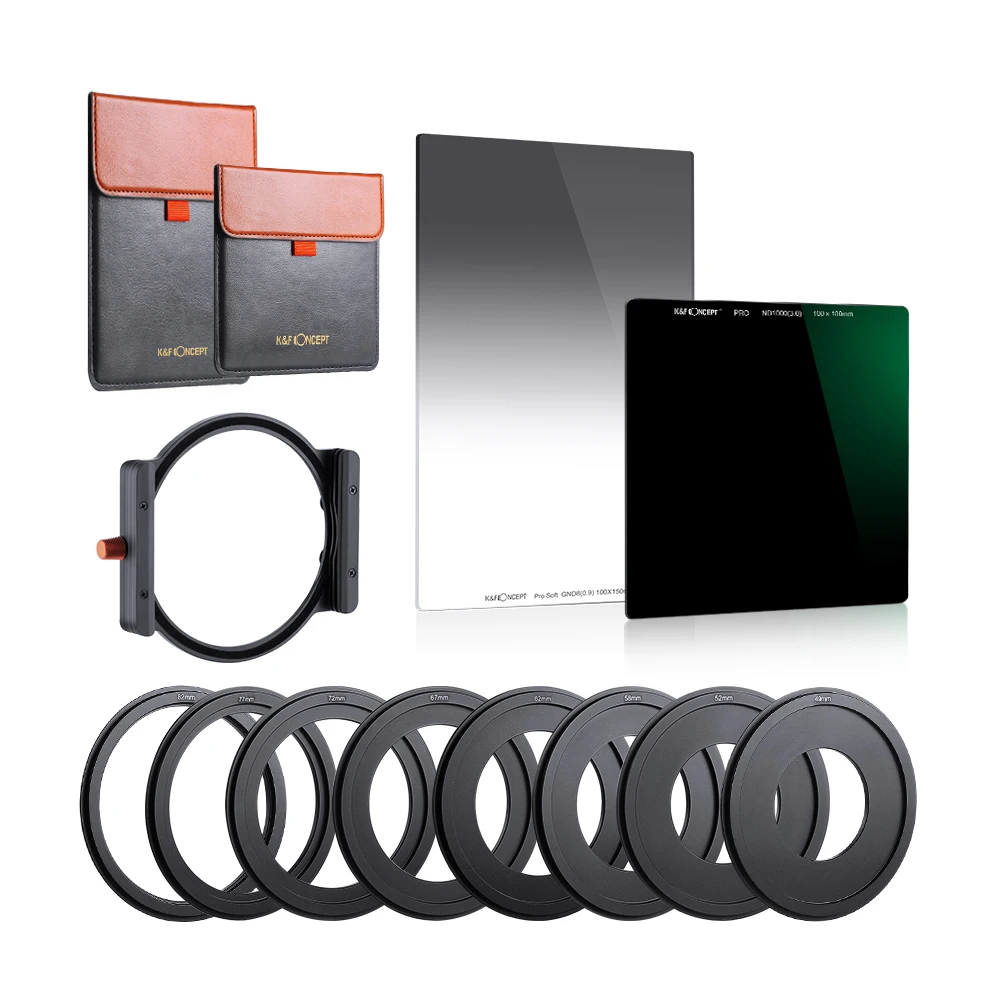 

K&F Concept 100mm Square ND1000 Filter+150mm Soft GND8 Filter with Metal Filter Holder 8pcs Filter Adapter Rings for Camera Lens