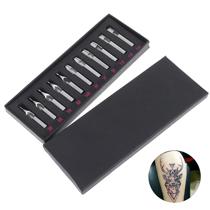 11 Pcs Stainless Steel Tattoo Tips Set Mixed RT FT DT Round Flat Diamond Assorted Types Tattoo Tip Tube Machine