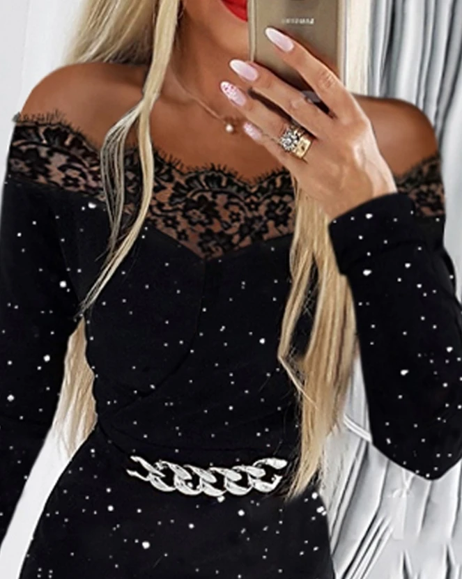 2023 Autumn Spring Woman Long Jumpsuits Elegant Chain Decor Glitter Eyelash Lace Jumpsuit New Fashion Casual One Pieces