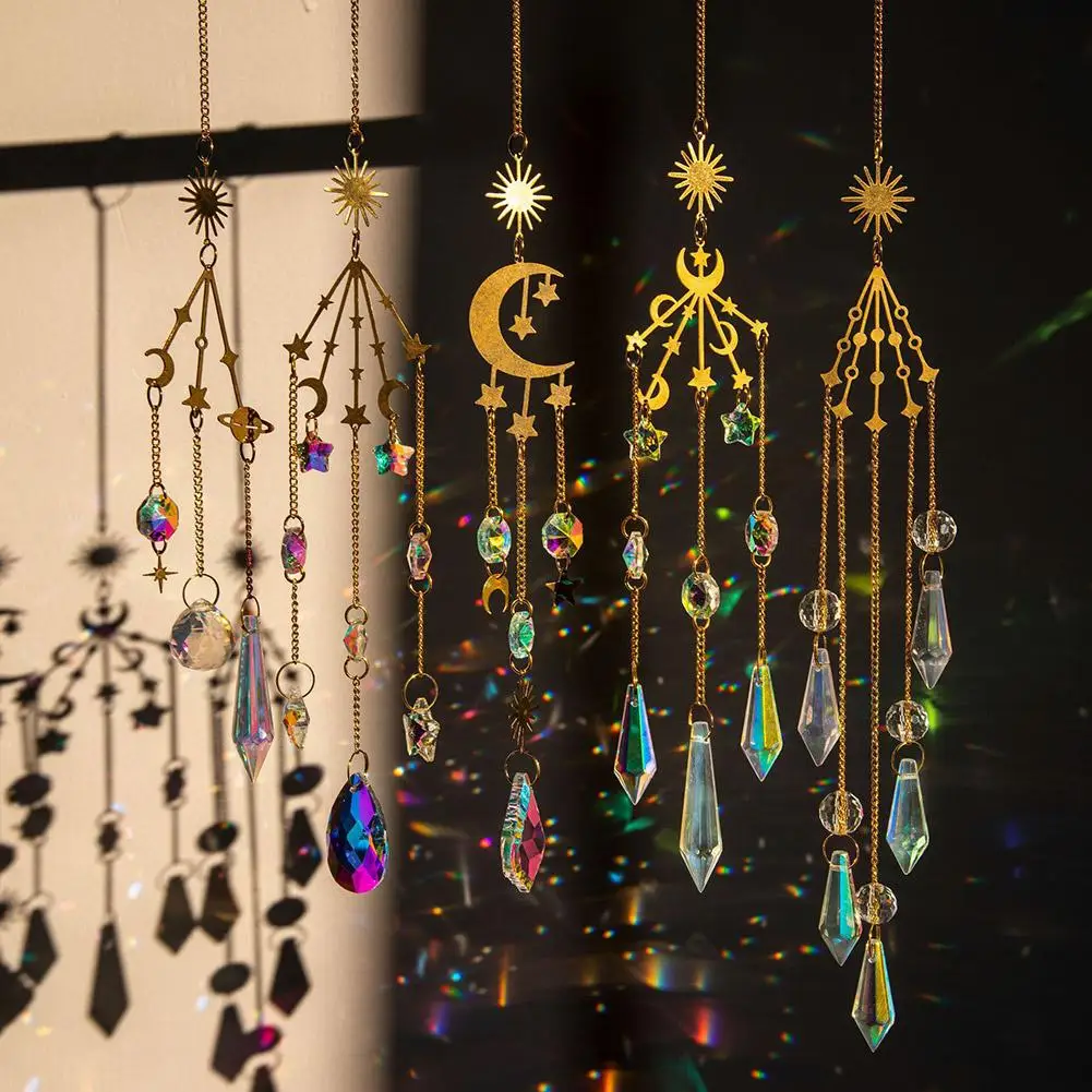 Vintage Sun Catche Star Moon Crystal Pendant Suncatcher 45Cm Diy Household Garden Home Outdoor Decoration Rainbow Chaser 2024