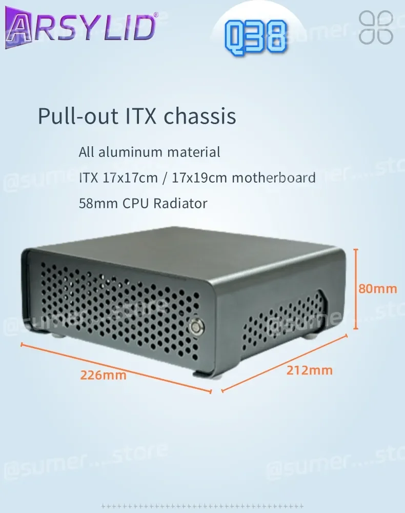 ARSYLID Q38 ITX Aluminum Chassis Pull-Out Style Mini Case 58mm CPU Radiator