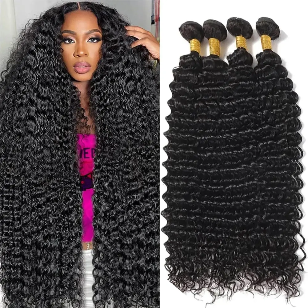 Human Hair Bundles Deep Wave Human Hair Bundles 30 40 Inch 100% Brazilian Remy Hair 10A Extension 1 3 4 Bundles Natural Doule Drawn