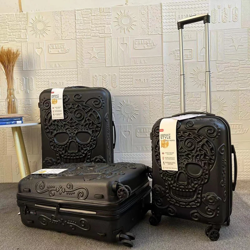 Personality Pop Elements Travel Luggage Punk Trend Skeleton Suitcase 20' Boarding Box 24/28' Customs Lock Carry On Trolley Bag