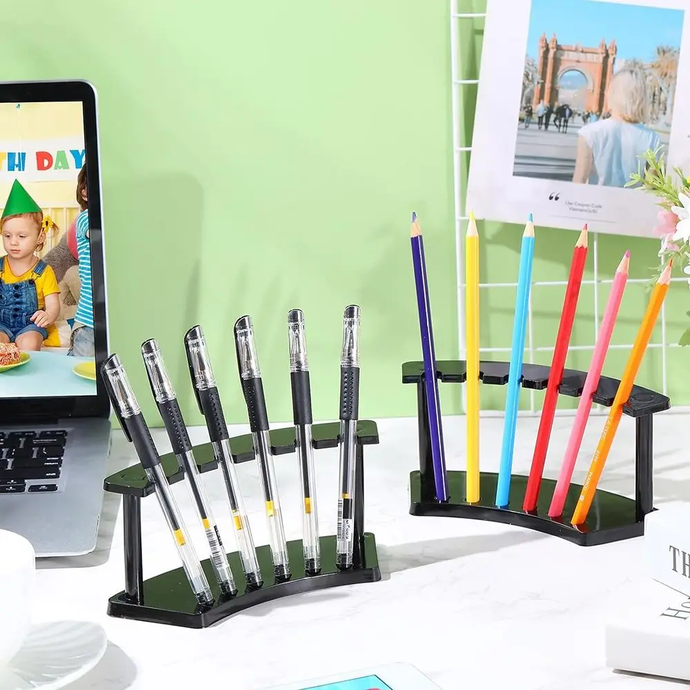 Plastic 6 Slots Vertical Fan-shaped Pen and Brush Holder Display Stand Black Transparent Makeup Brush Rack Desk Organizer