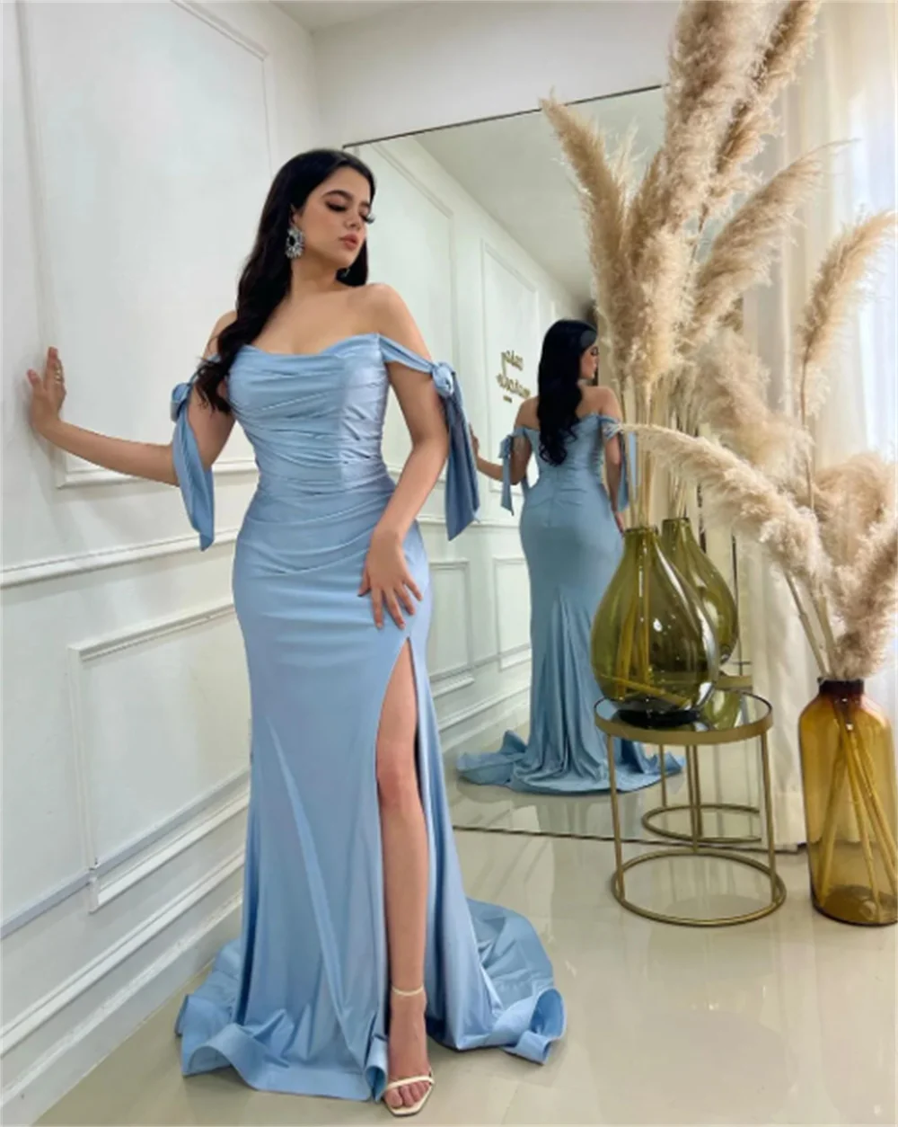 

Romantic Light Sky Blue Party Dresses Long Off Shoulder High Side Split Satin Vestidos De Fiesta Elegantes 2024 فساتين سهرات