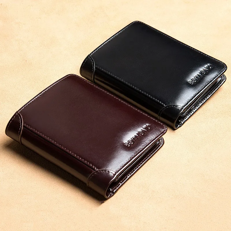 

Мужские кошельки RFID, кошельки тройного сложения из натуральной кожи для мужчин с окошком для удостоверения личности и кредитной магнитной застежкой