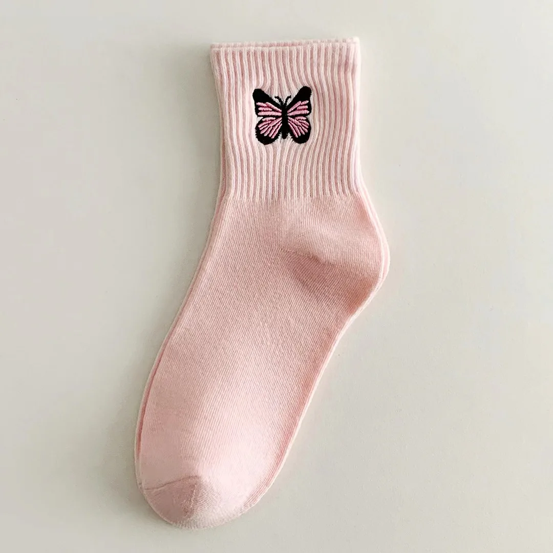 5Pairs/Lot High Quality Cotton Embroidery ButterflyCandy Color Soft Breathable,Absorb Sweat  Anti-bacterialWomen socks