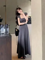 PTKPCC New Summer Waist-fitted Elegant French Style Women's Grey Short Sleeve Tank Dress Long Dress  Sexy Dress - Image 3