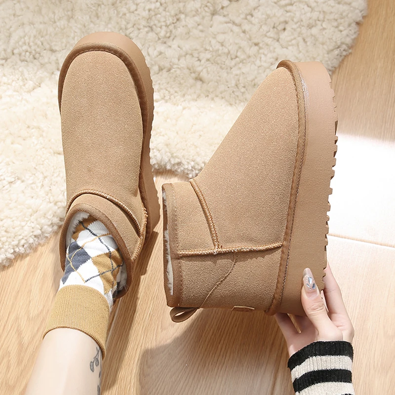 

Зимние ботинки, женские ботинки, женская обувь с круглым носком, австралийская обувь на плоской подошве, 2023, кожаная обувь для снега, Лолита, средней длины, меховая овчина