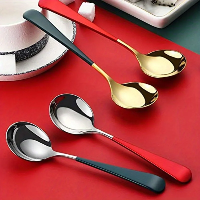 stainless steel spoon 5pcs Stainless Steel Spoon Creative Korean Style Home Western Food Spoon, Modern Thick Handle, Dinner Metal Spoon