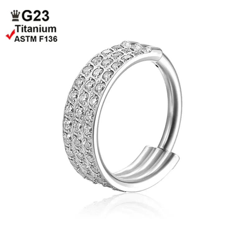 ASTM Titanium Double Layered Triple Zircon Stack Hinged Nose Ring Piercing Helix Cartilage CZ Small Cartilage Septum Clicker