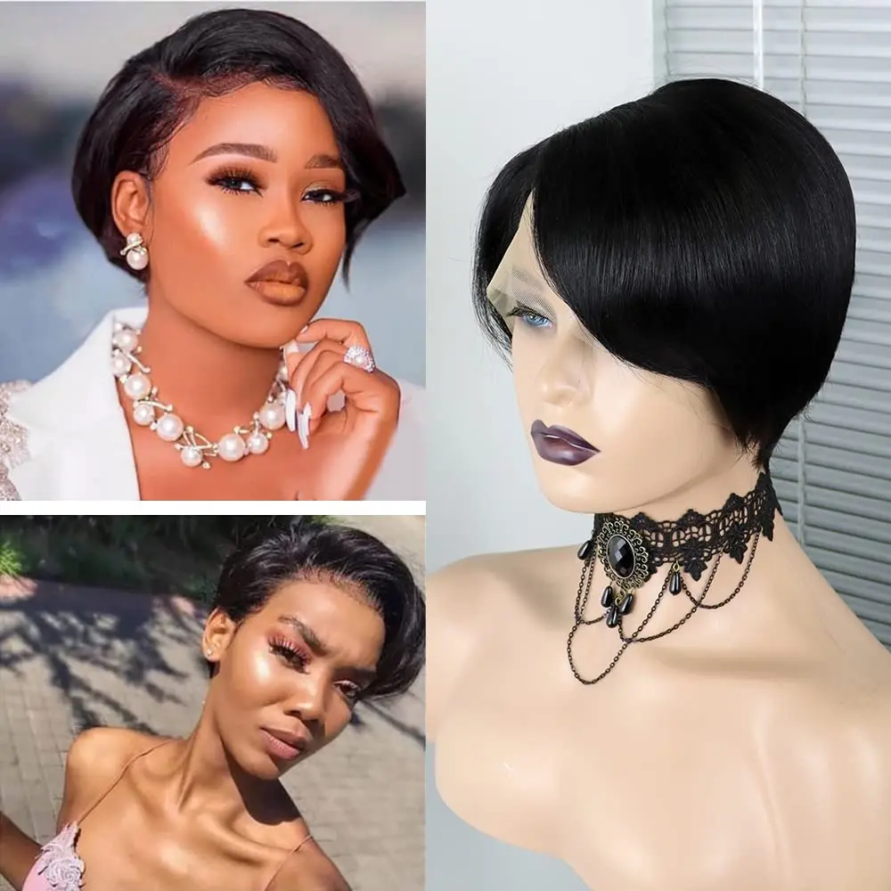 Black Pixie Cut Wigs for Black Women 13x4x1 T Lace Front Human Hair PrePlucked with Bady Hair Short Bob Wig Transparent Wig