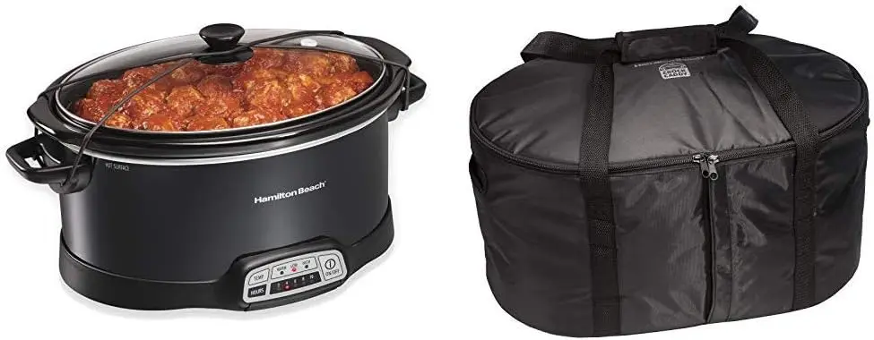 

7-Quart Programmable Slow Cooker With Lid Latch Strap, Black (33474) & Travel Case & Insulated Bag for 4, 5, 6, 7 &amp