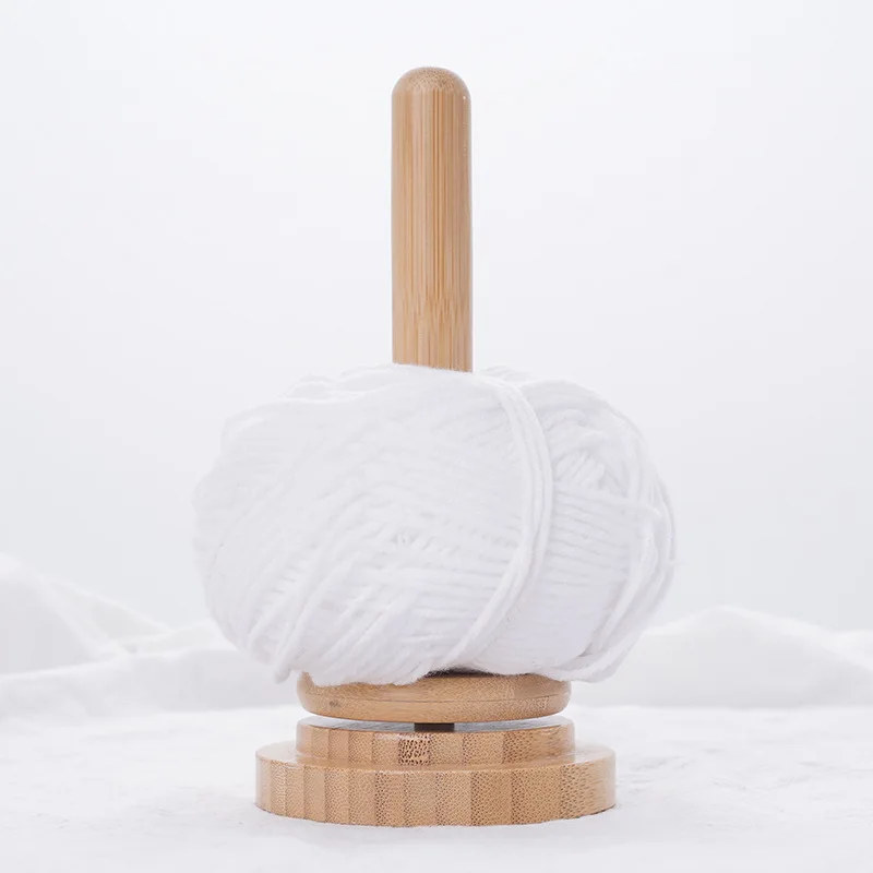 Wooden Yarn Holder Rotatable Ball Thread Stand with Storage Shelf Desktop Spindle Organizer for Knitting Crochet Natural Bamboo