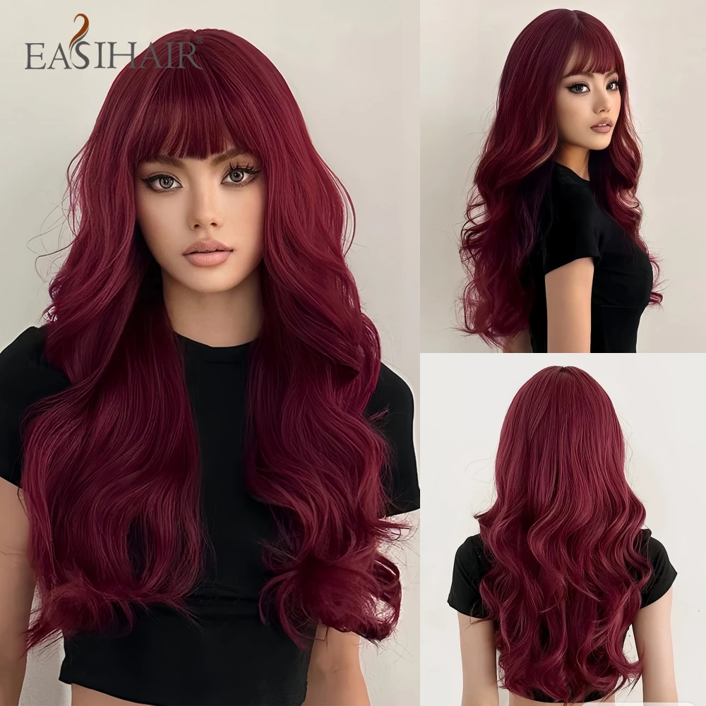

EASIHAIR Burgundy Red Long Wavy Synthetic Wig with Bangs for Women Afro Cosplay Daily Halloween Fake Hair Natural Heat Resistant