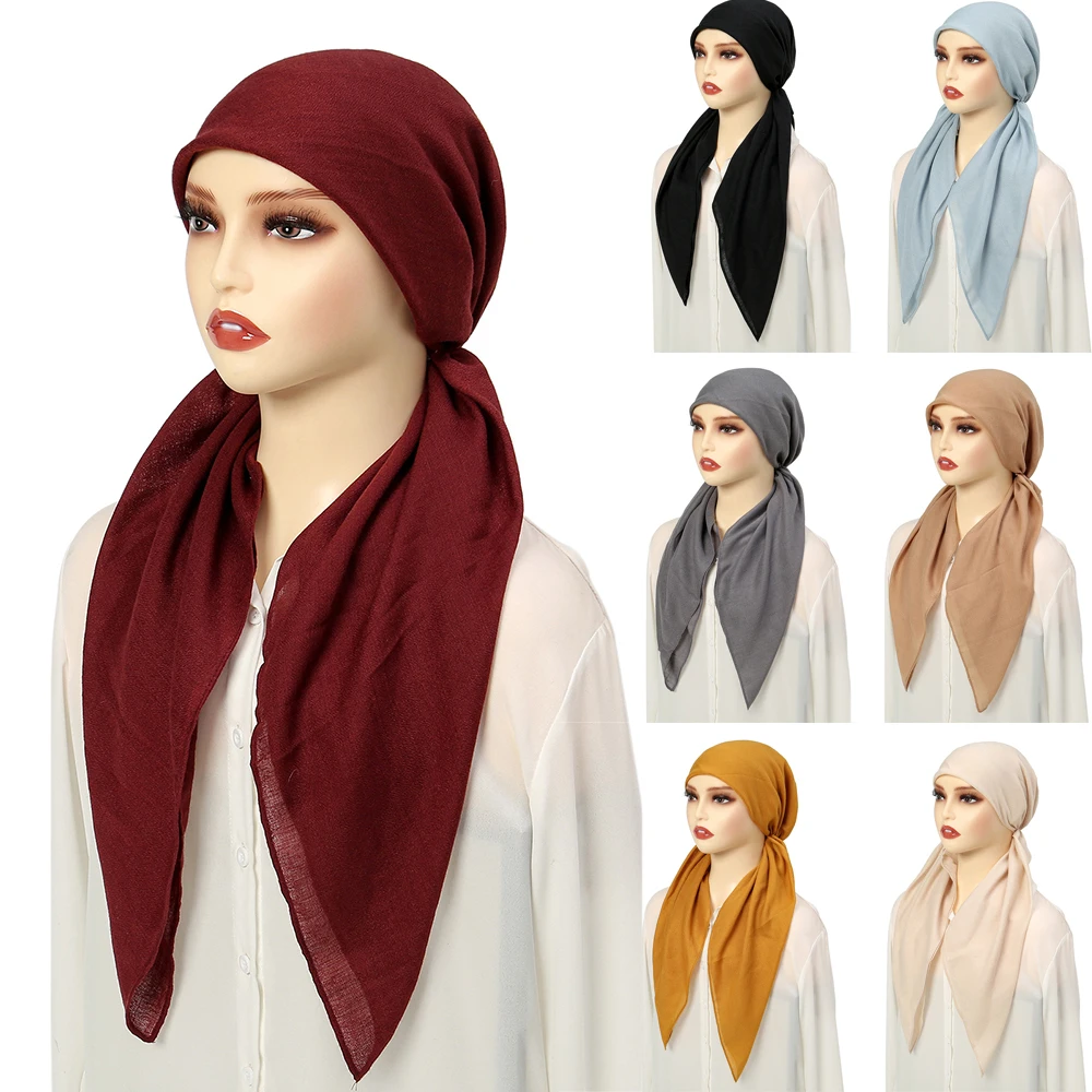 

Women Solid Color Turban Bonnet Wrap Head Scarf Underscarf Caps Turbante Hijabs Cap Lengthened Two Tails Arab Curved Cap