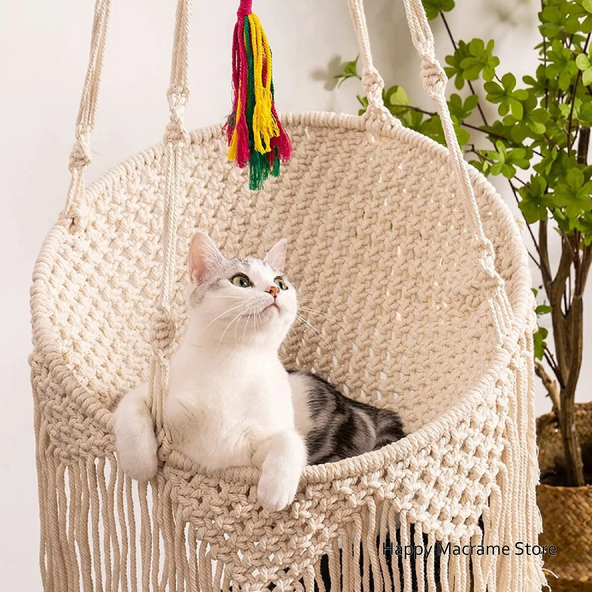 

Macrame Cat Bed Hammock Dog Bed Boho Woven Macrame Hanging Cat Swing Hanger Floating cat hammock Cat Tree Condo On Wall Ceiling