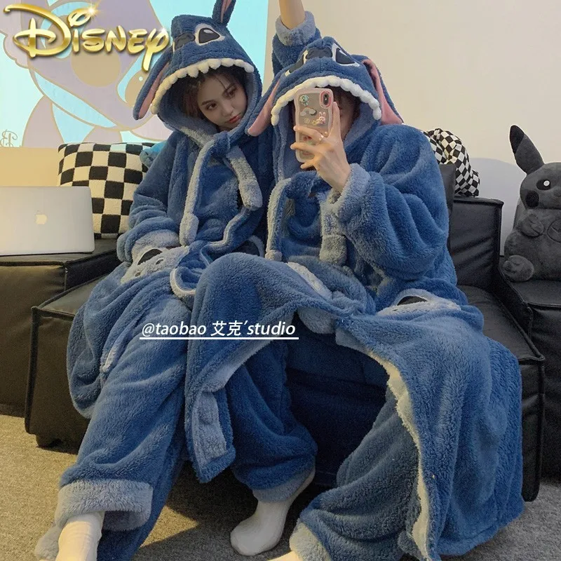 Cartoon Disney Anime Coral Velvet Lilo&Stitch Pajamas Set Women Men Winter  Thickened Hooded Couple Plush Home Clothes Nightdres - AliExpress