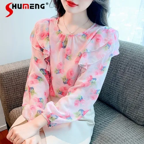 

Super Fairy Ruffled Floral Chiffon Shirt Women's Autumn Clothing 2023 New Loose Youthful-Looking Long Sleeve Blouses and Tops
