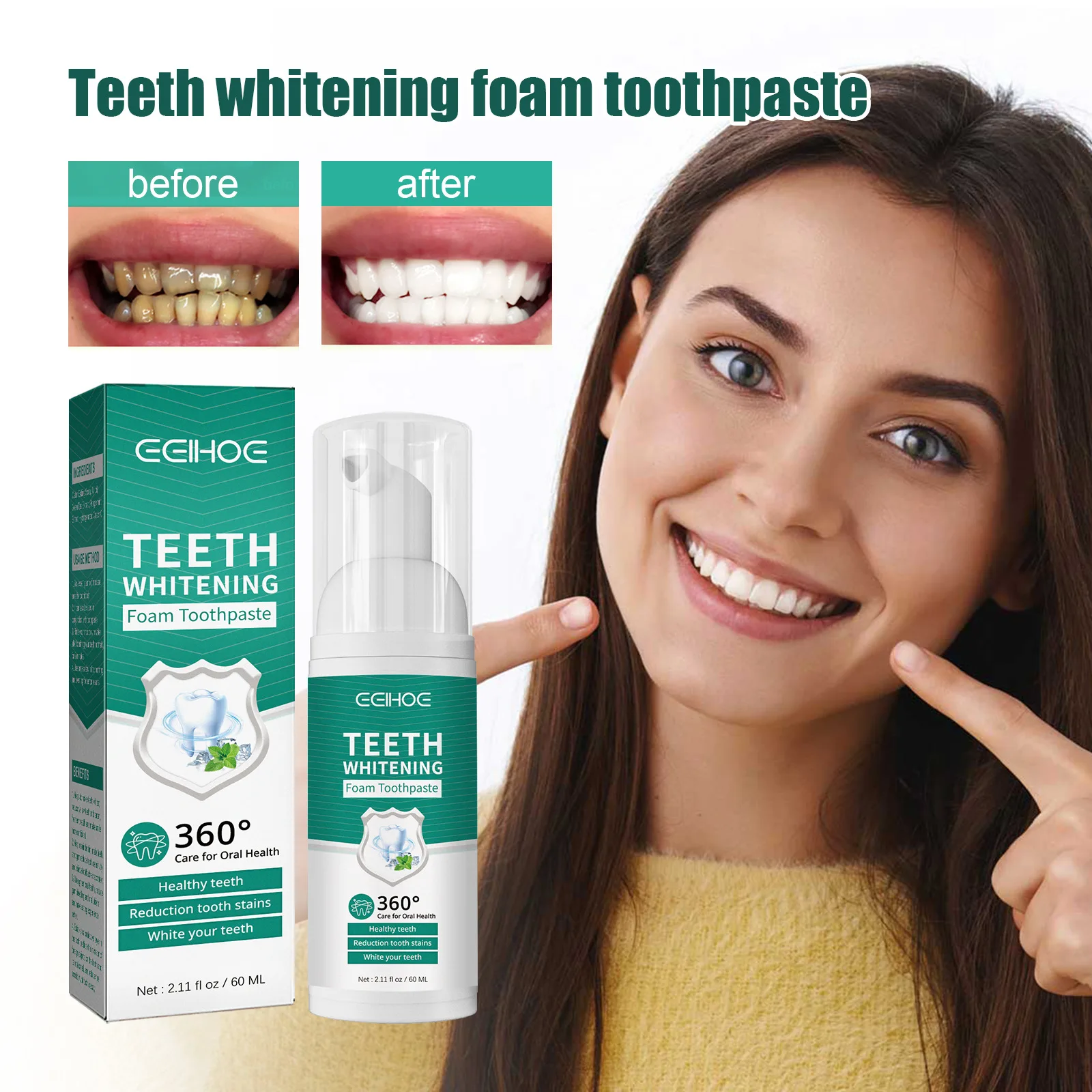 

Teeth Whitening Mousse Toothpaste Deep Cleaning Remove Yellow Teeth Tooth Stains Fresh Breath Oral Cleaning Hygiene 60ml