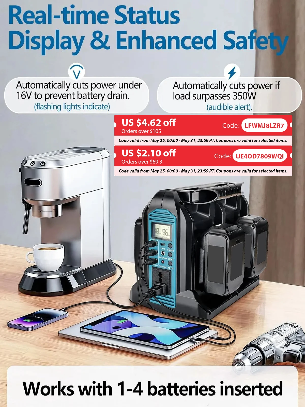 マキタ 18V バッテリー用 200/350W パワーインバーター 4 ポート DC