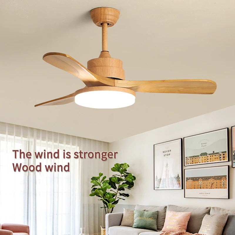 42 Inch Natural Wood Color Ceiling Fan Light 3 Abs Blade Pure Copper DC Motor Ceiling Fan Light Dining Room Bedroom, with