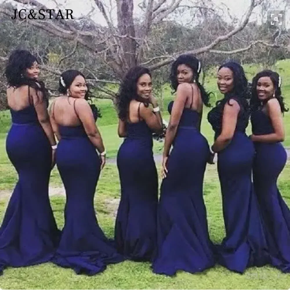 Navy Blue Mermaid Bridesmaid Dresses Satin Sexy Sweetheart Spaghetti Straps African Prom Dress Long Hochzeitspartykleid Garden
