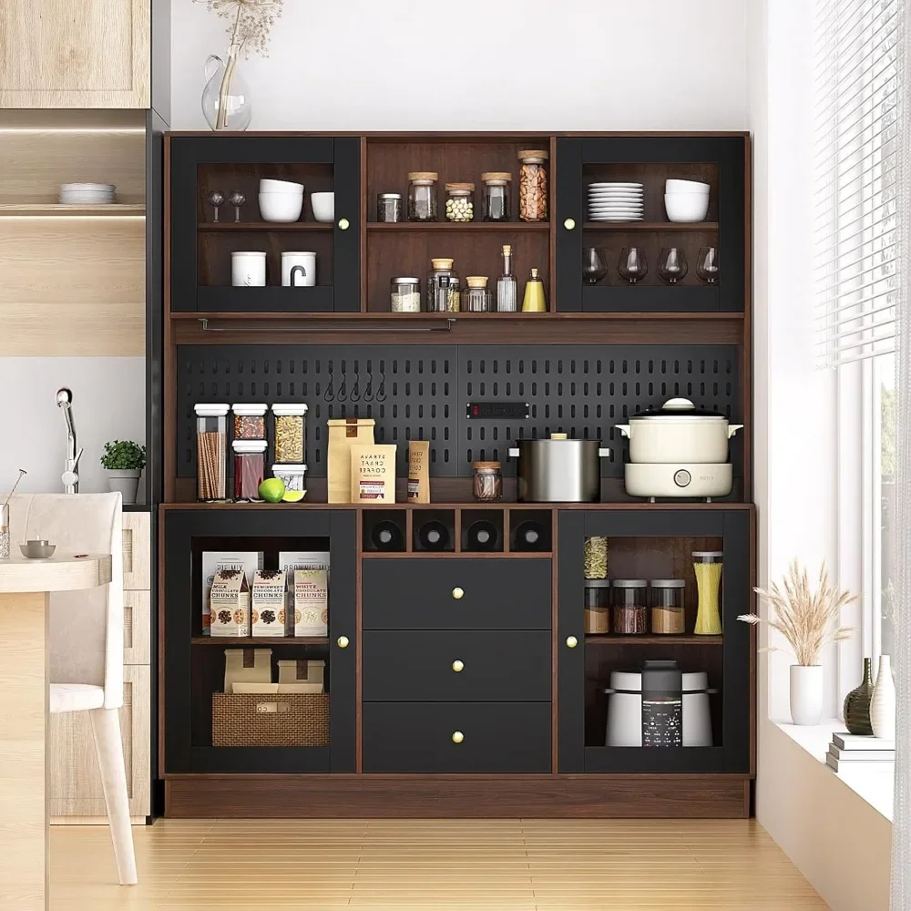 Wine Cabinet with Pegboard, Cup Holder, Power Outlet, 4 Doors & 3 Drawers, Microwave Shelf & Wine Rack, Freestanding Bar Cabinet